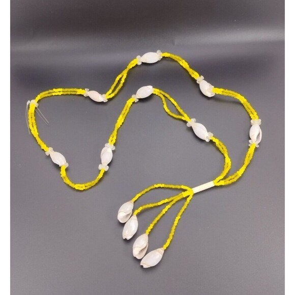 Vintage 23" Beaded Cowrie Shell Necklace Y Drop Long Tassel Yellow White Plastic - Picture 5 of 6